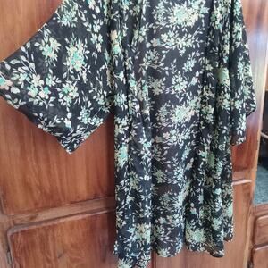 LA Hearts Black Floral Kimono One Size Sheer Cover Up Open Front Boho Festival